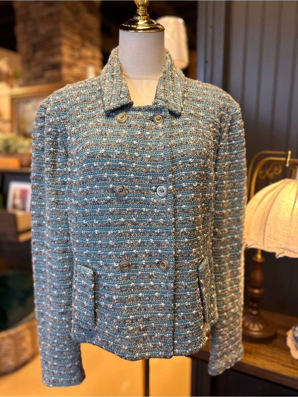 St. John Collection Teal Boucle Double Breasted Knit Jacket Size 14
